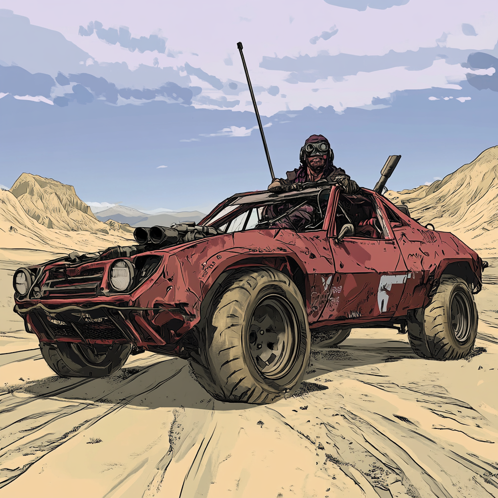 Smuggler and car in desert, GTA V style illustration.