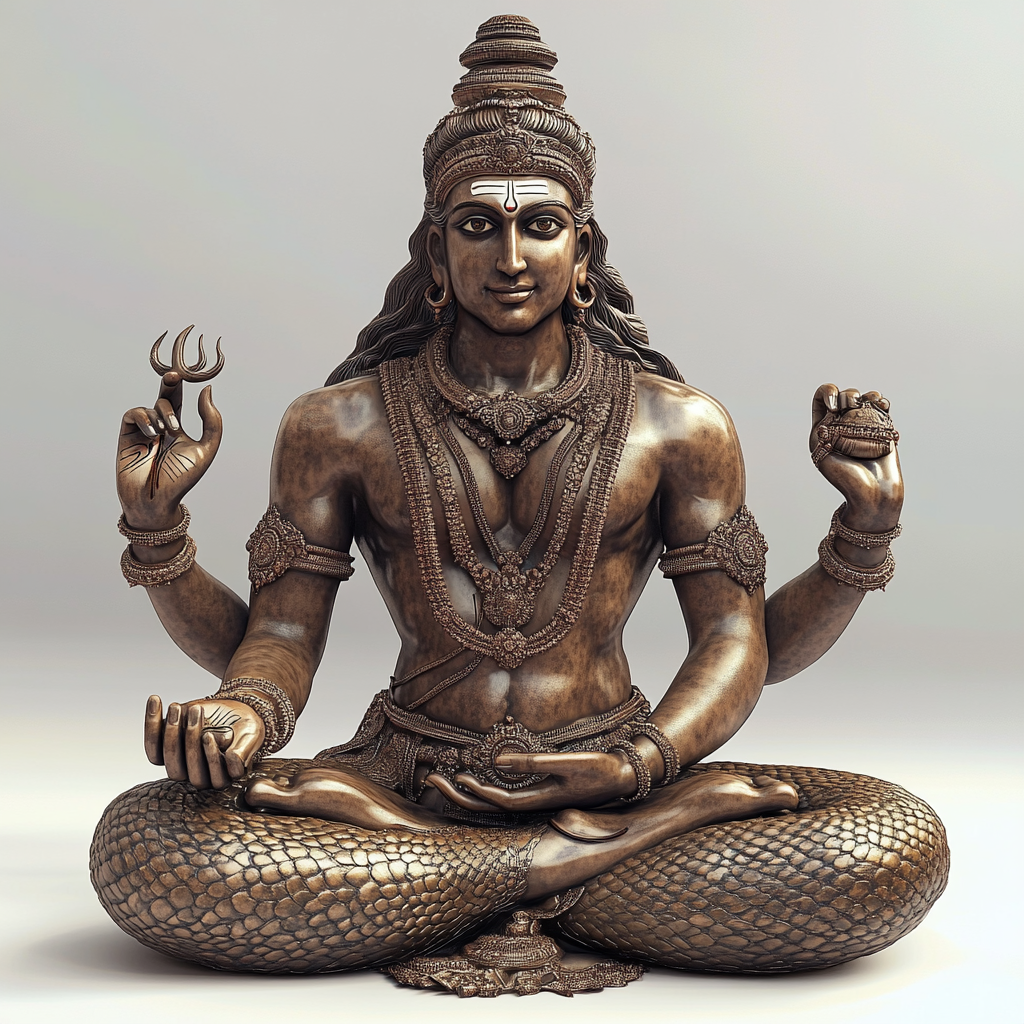 Snake-bodied Hindu god with beautiful devotional backdrop.