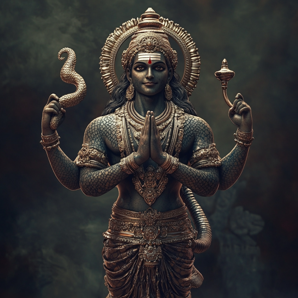 Snake body, Hindu god's cinematic image with namaskar mudra.