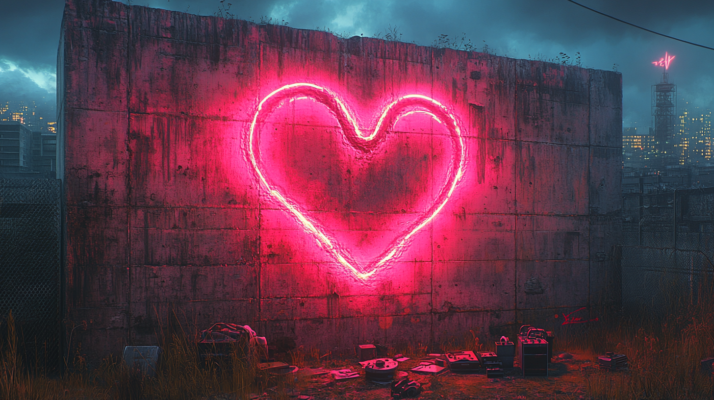 Snake graffiti forming heart shape, neon lights on concrete.