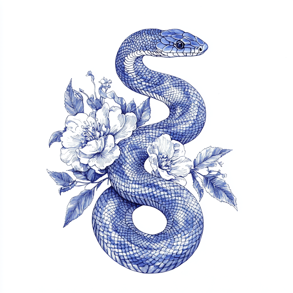 Snake illustration in vintage postcard style, blue ink, minimalist.