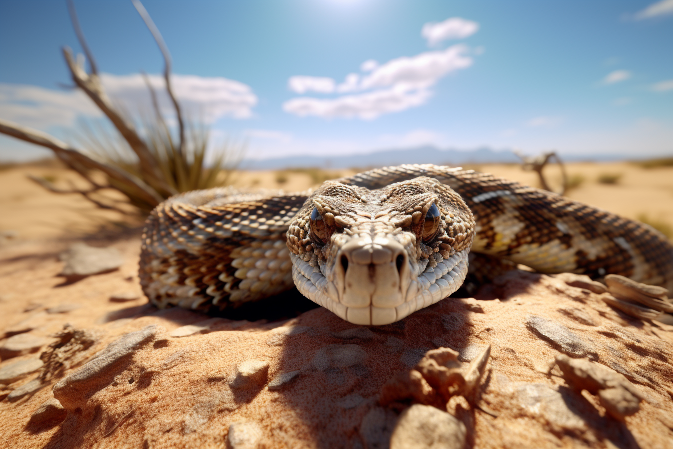 Snake in desert, yellow, scary, hyper-realistic, evil - v 5.2