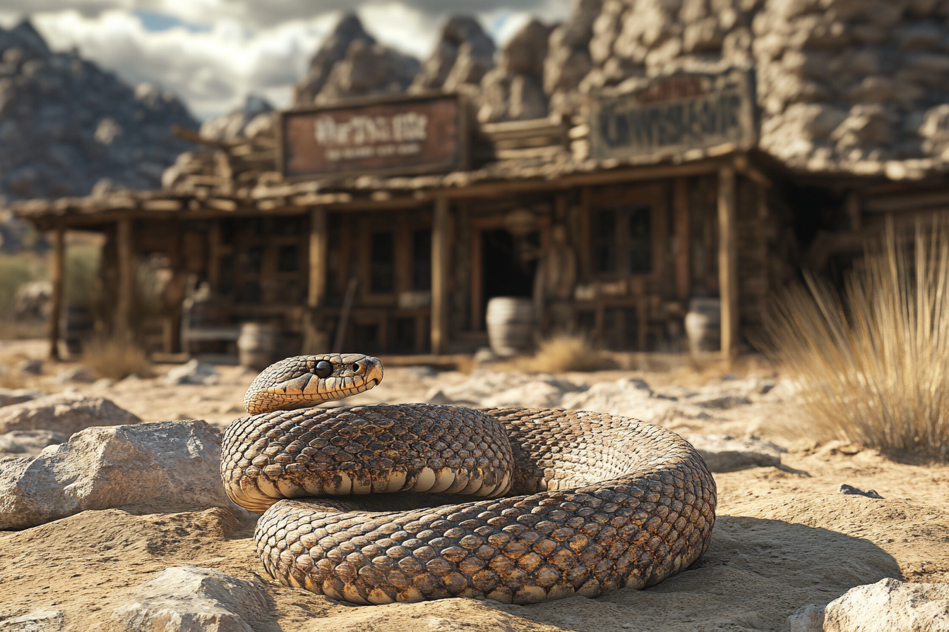 Snake ready to strike in desert saloon setting.