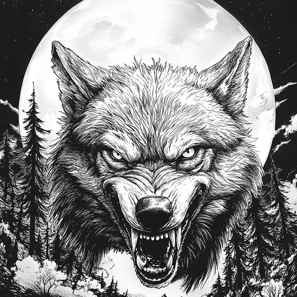 Snarling wolf in forest under full moon illustration