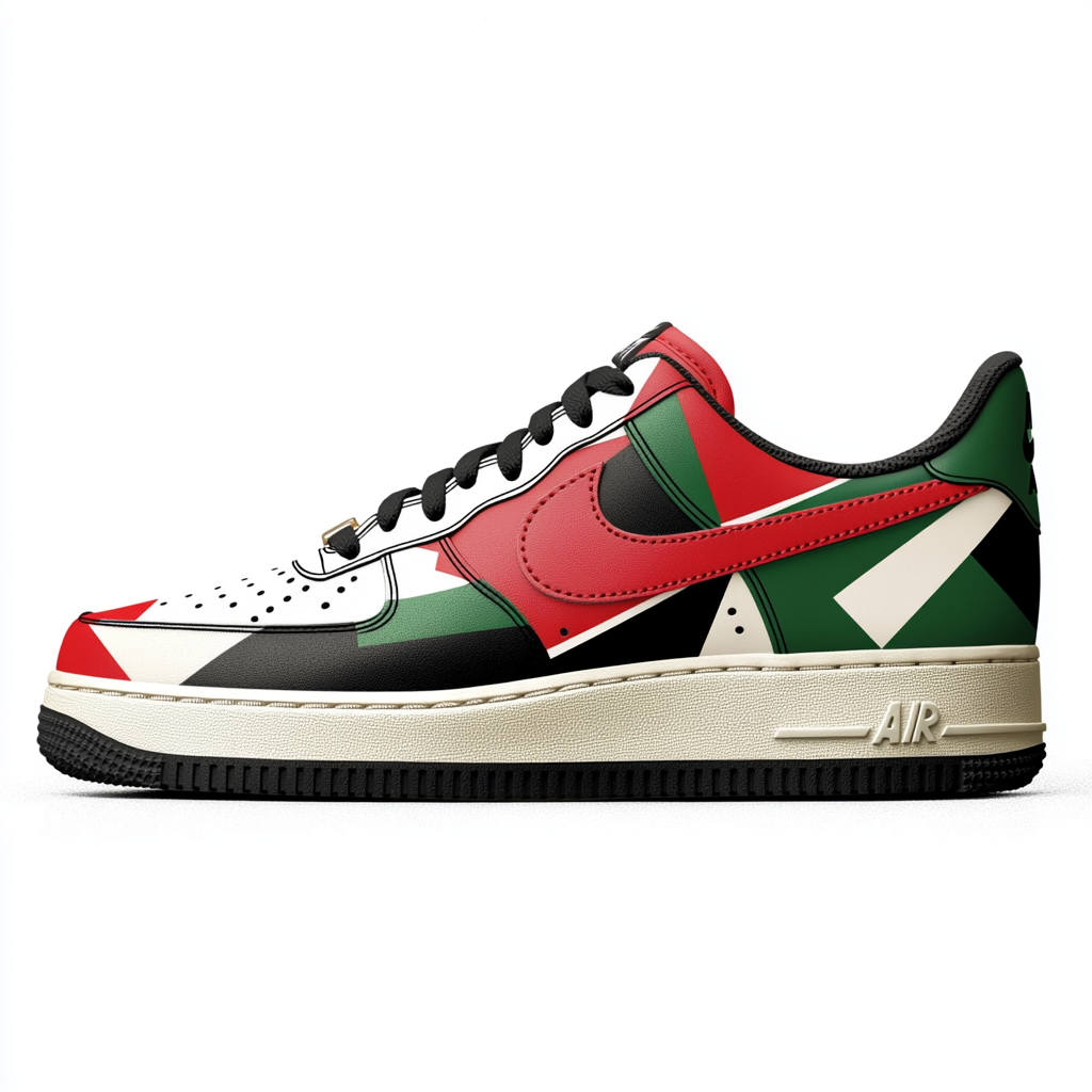 Sneakers with flag design, bold red, green, black.