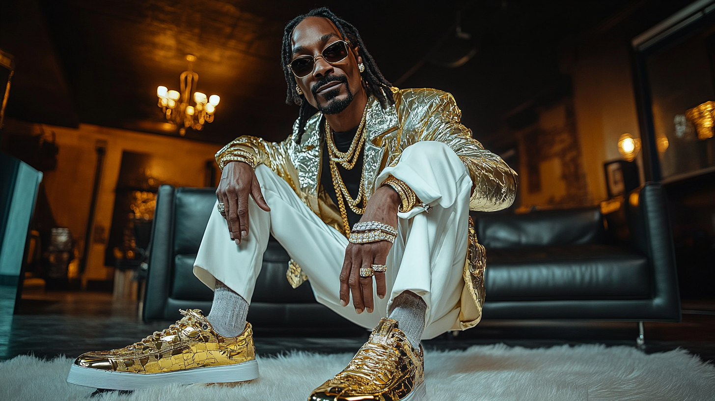 Snoop Dog showing off gold Gucci sneaker laces.