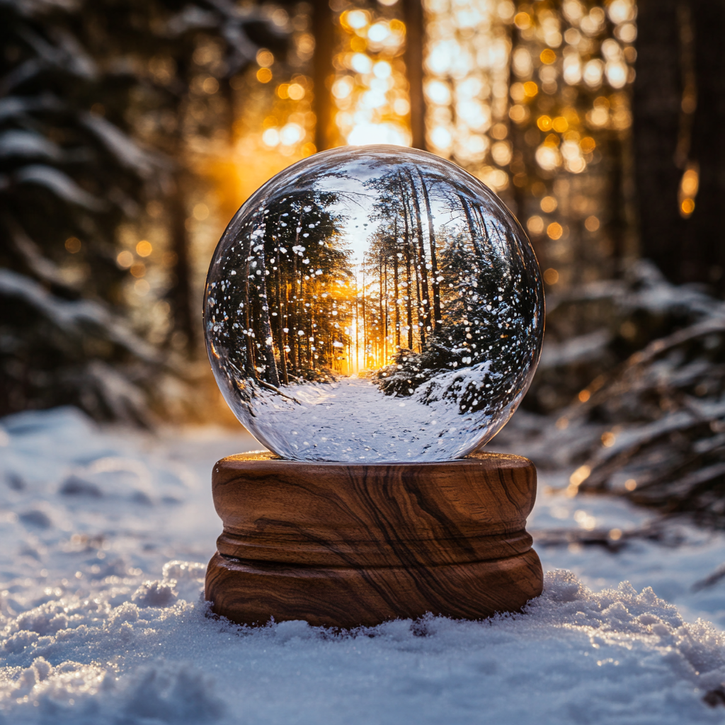 Snow Globe on wood base, on snowy trail.