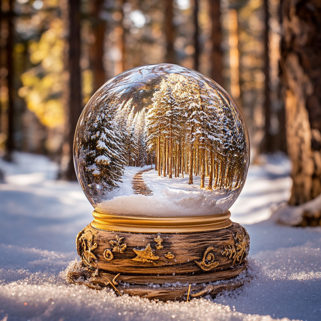 Snow Globe on wood base in Pine forest snowstorm.