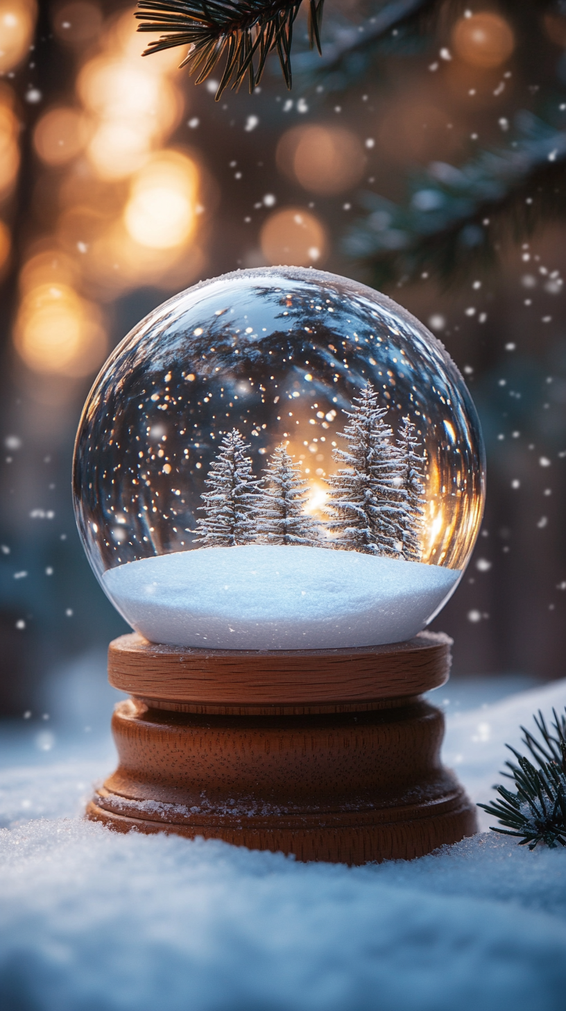 Snow Globe on wood base in pine forest snowing.