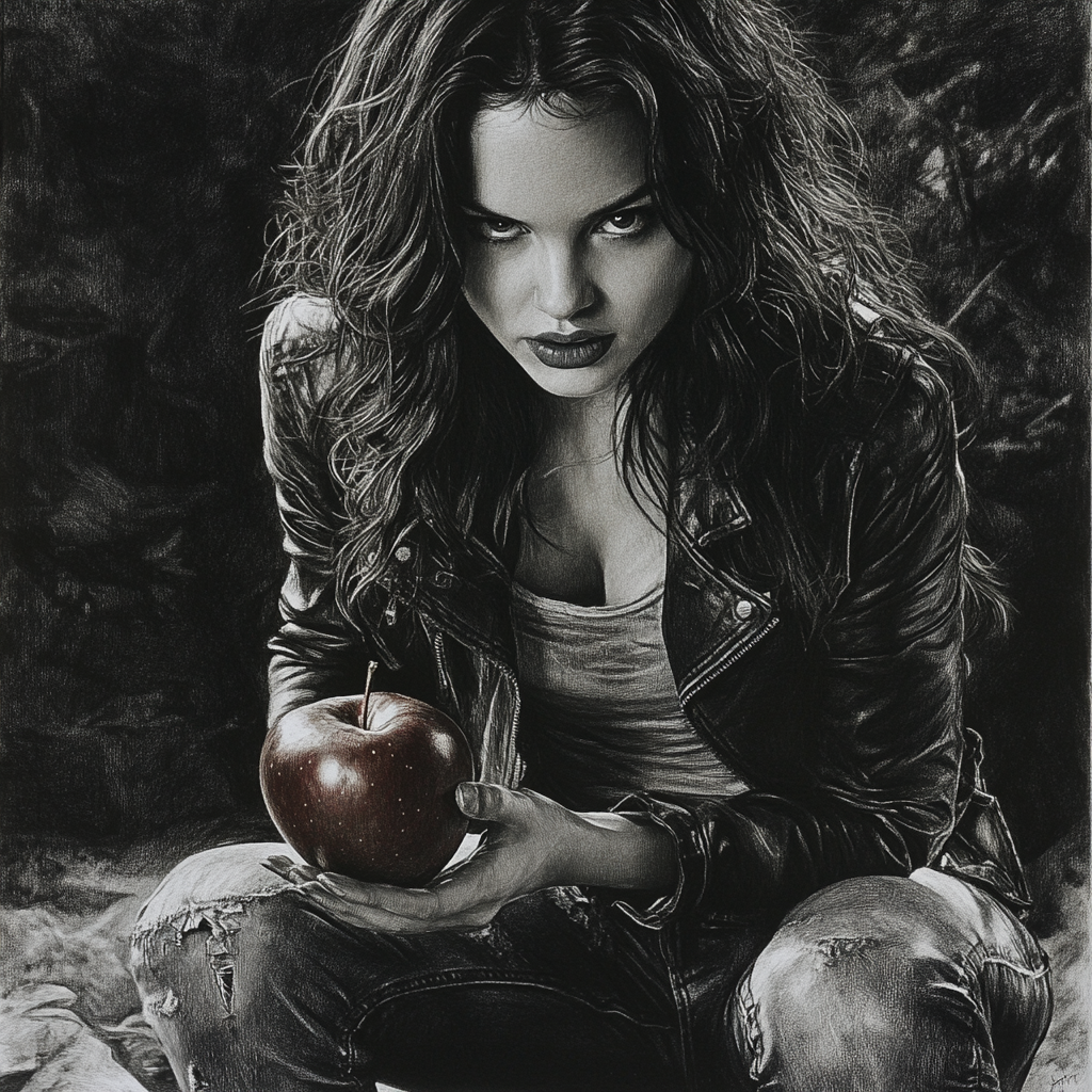 Snow White holds poisoned apple in modern attire