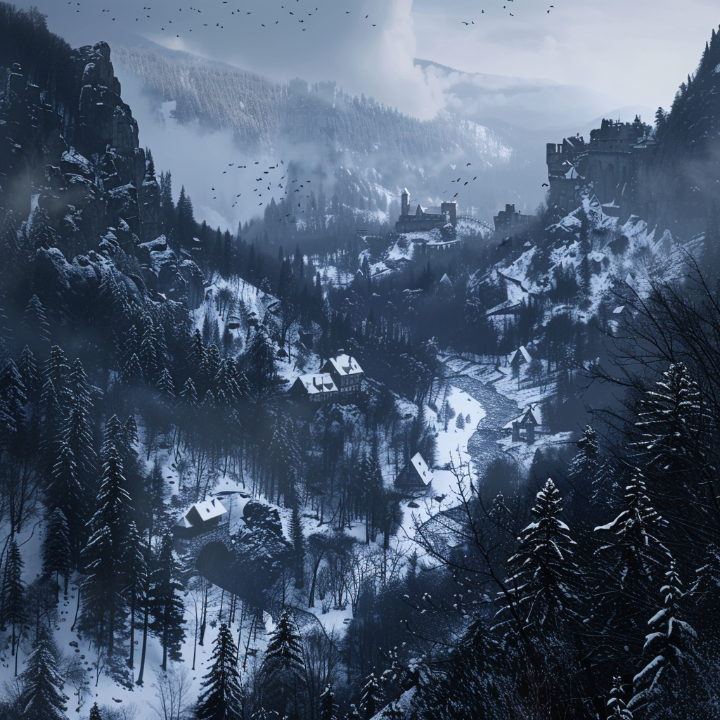 Snow-covered Eastern European landscape with valley, mountains, trees, castle.