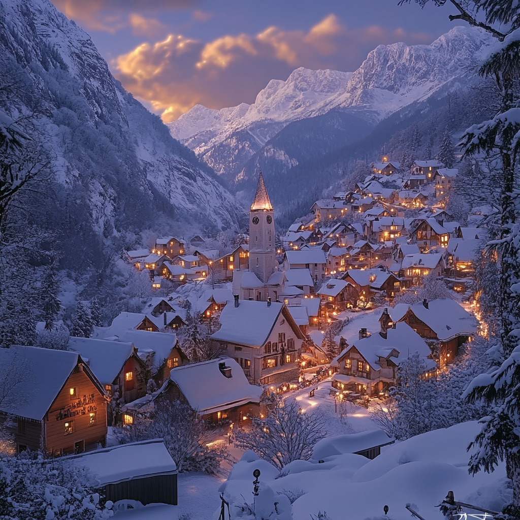 Snow-covered alpine village at sunrise