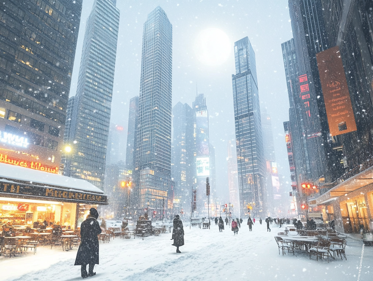 Snow-covered city with empty streets and cozy cafes