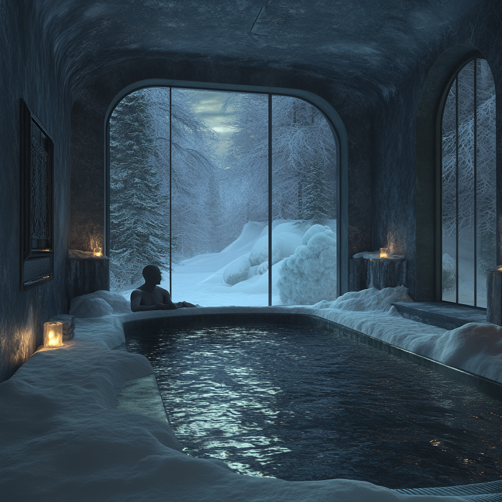 Snow spa in enclosed space with dim cool lighting.