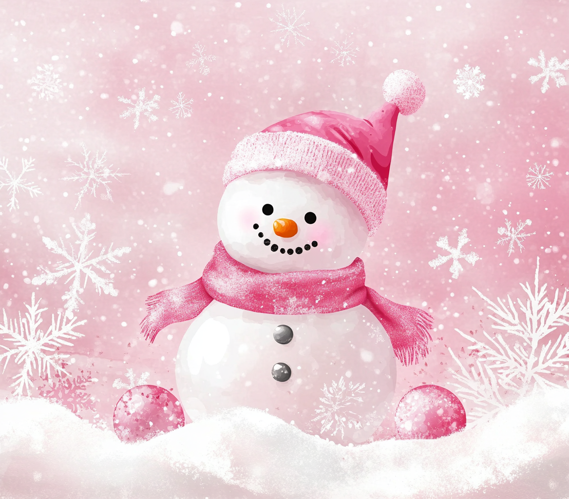 Snowman in pink winter scene with snowflakes.