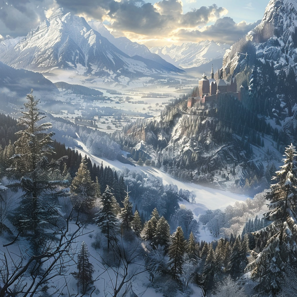 Snowy Eastern European landscape with mountains, trees, castle.