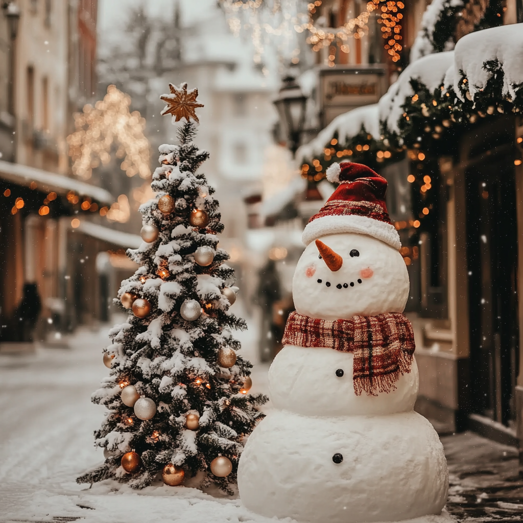 Snowy European Town with Snowman and Christmas Tree