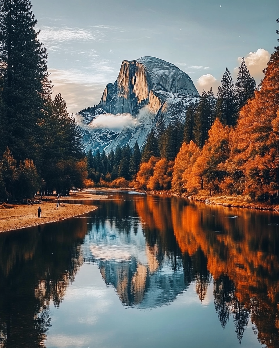 Snowy Half Dome at Yosemite with Autumn Reflections