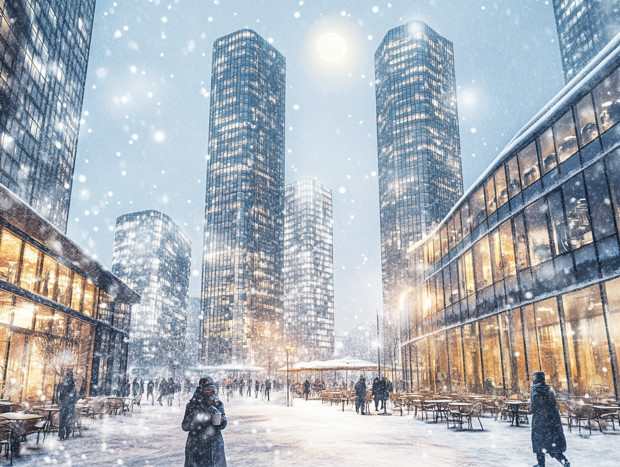 Snowy Metropolis: Streets, Skyscrapers, Cafés, Moon Light