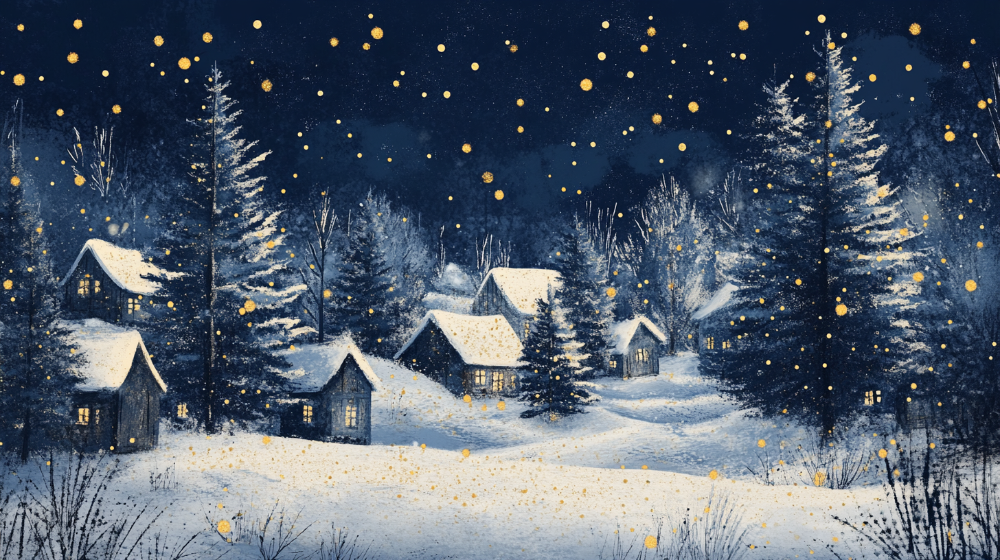 Snowy Village with Pine Trees under Starry Sky.