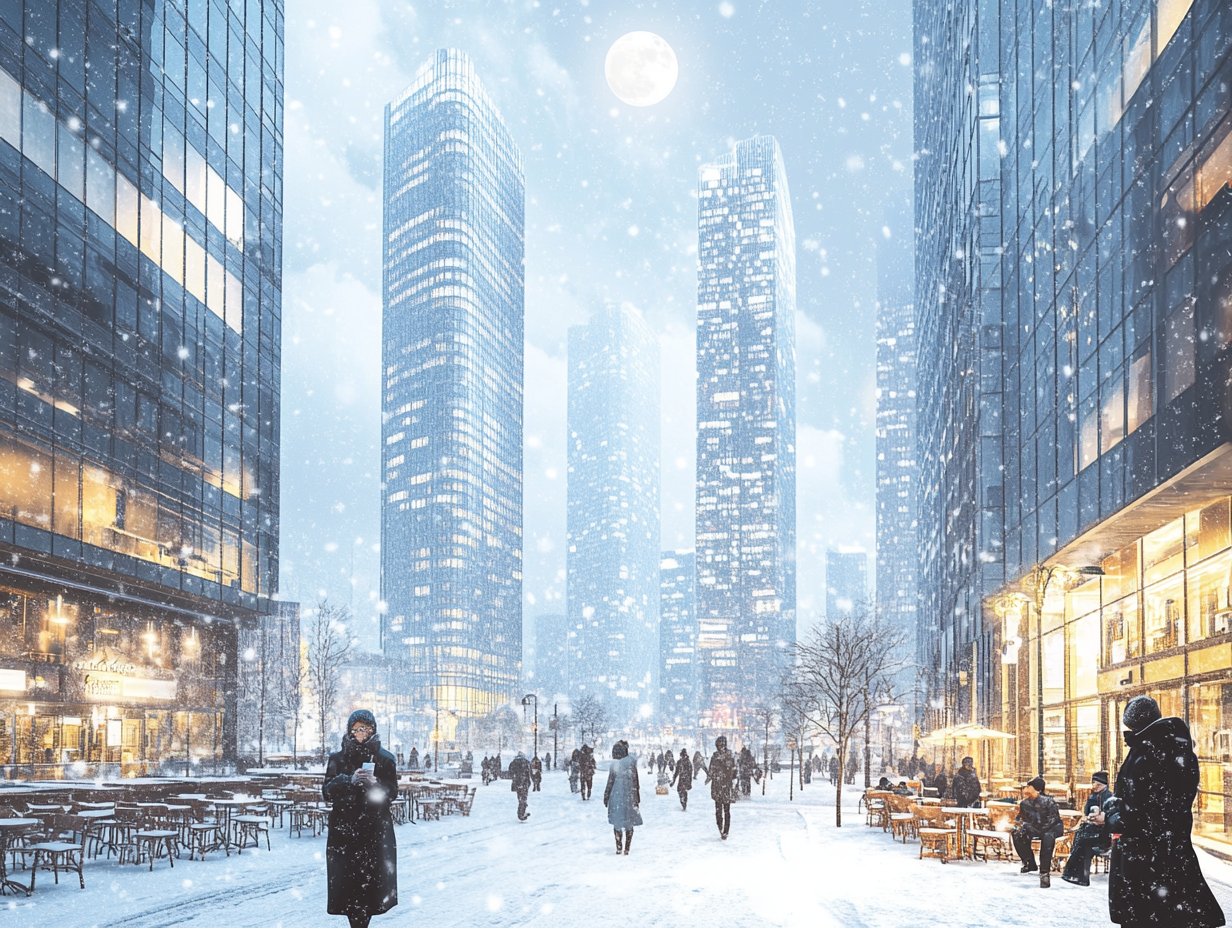 Snowy cityscape with cafes, moonlight, and visitors