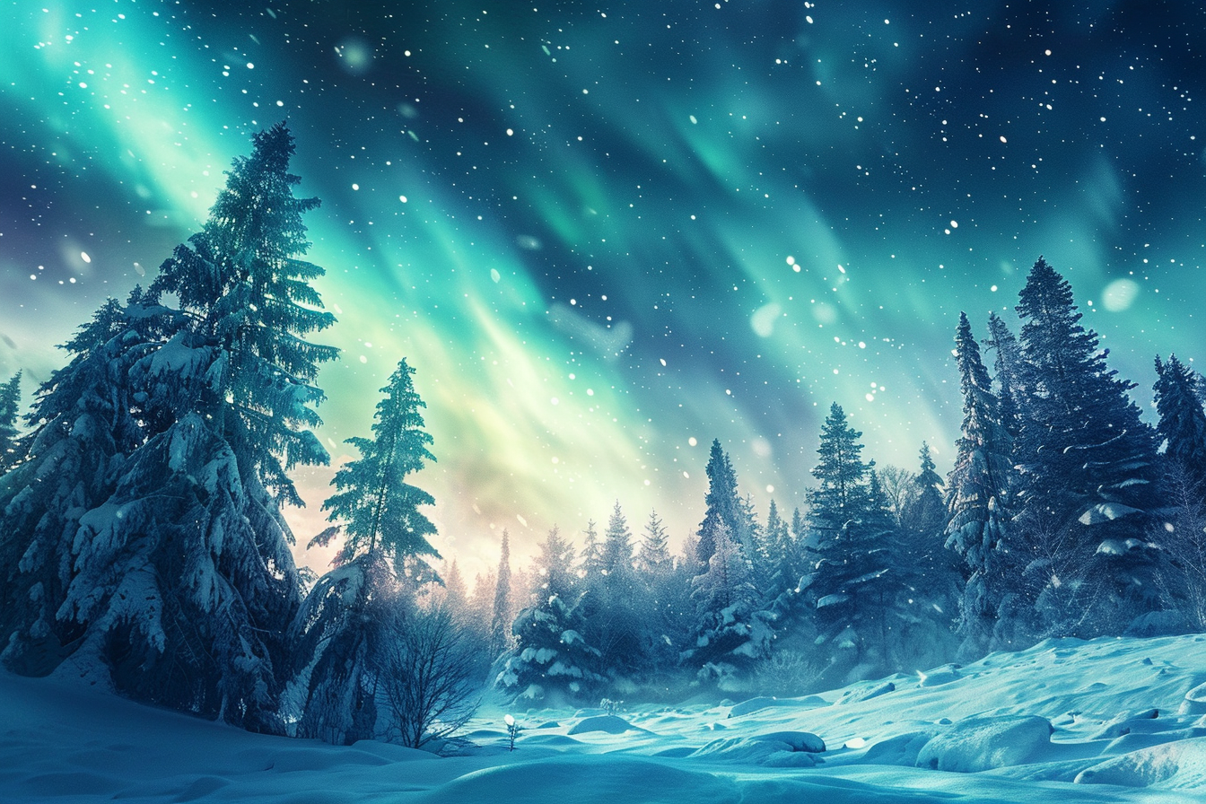 Snowy forest with northern lights and stunning high contrast.