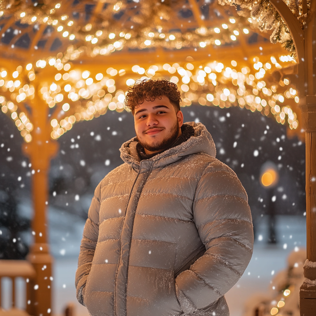 Snowy gazebo with handsome man in puffer coat.