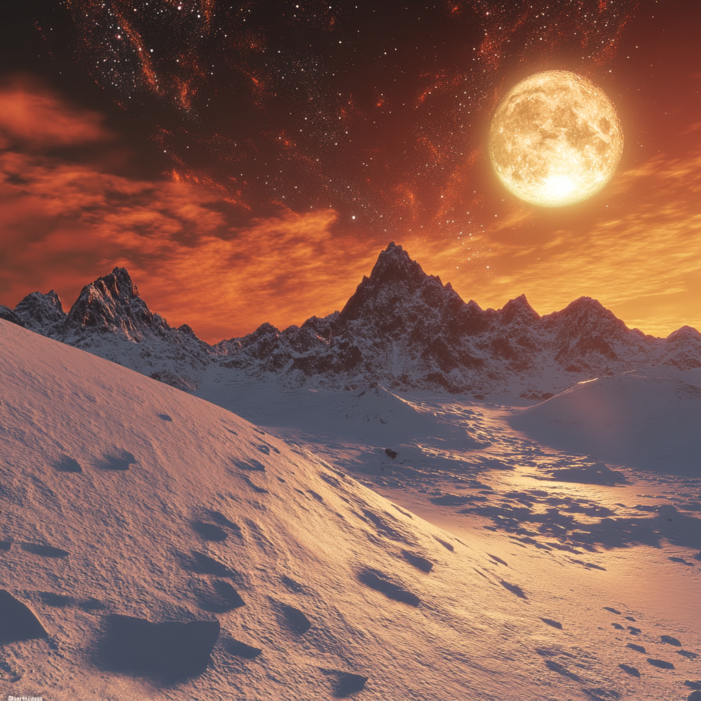 Snowy hill, mountain range under moonlit sky