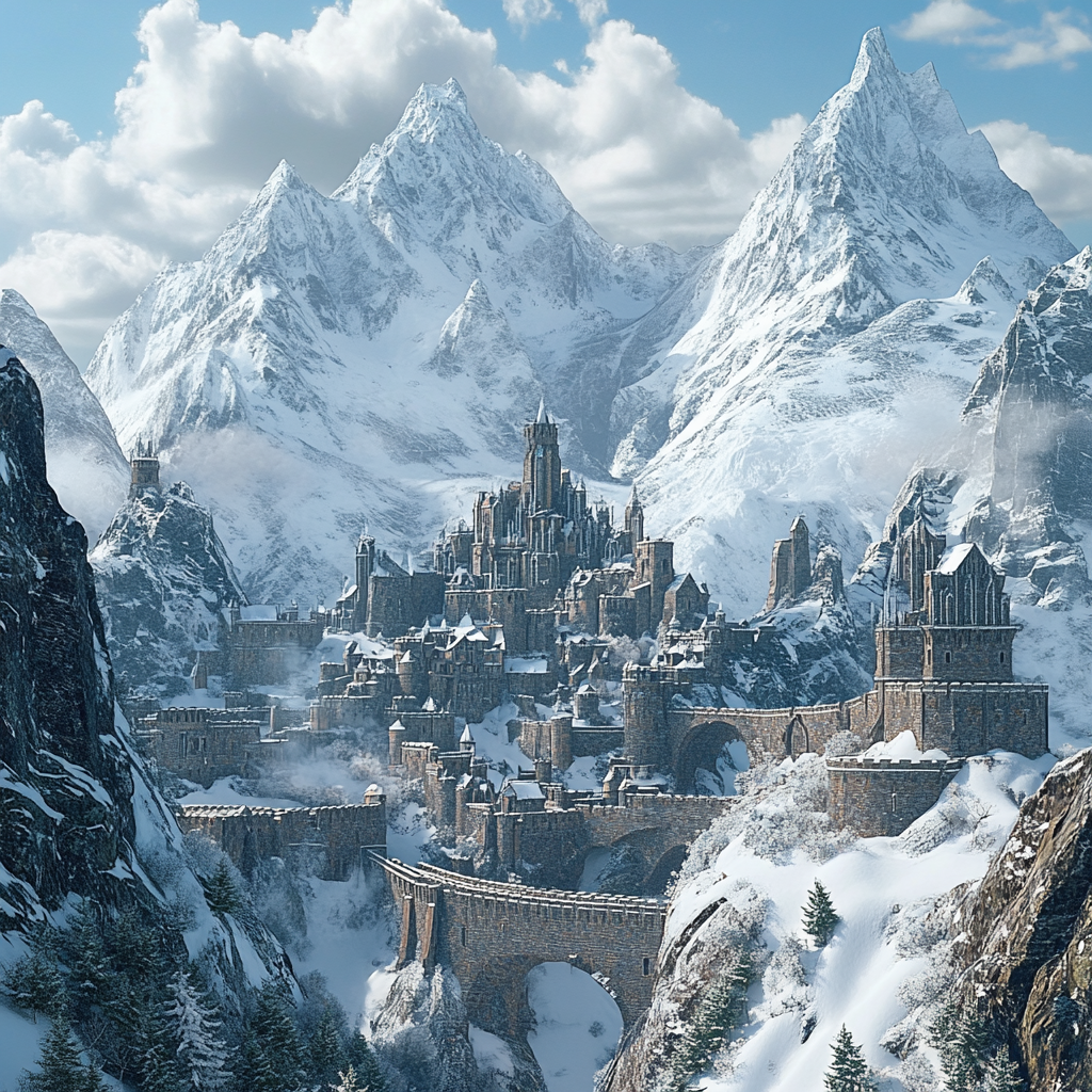 Snowy mountains with medieval castles concept in photorealistic style.