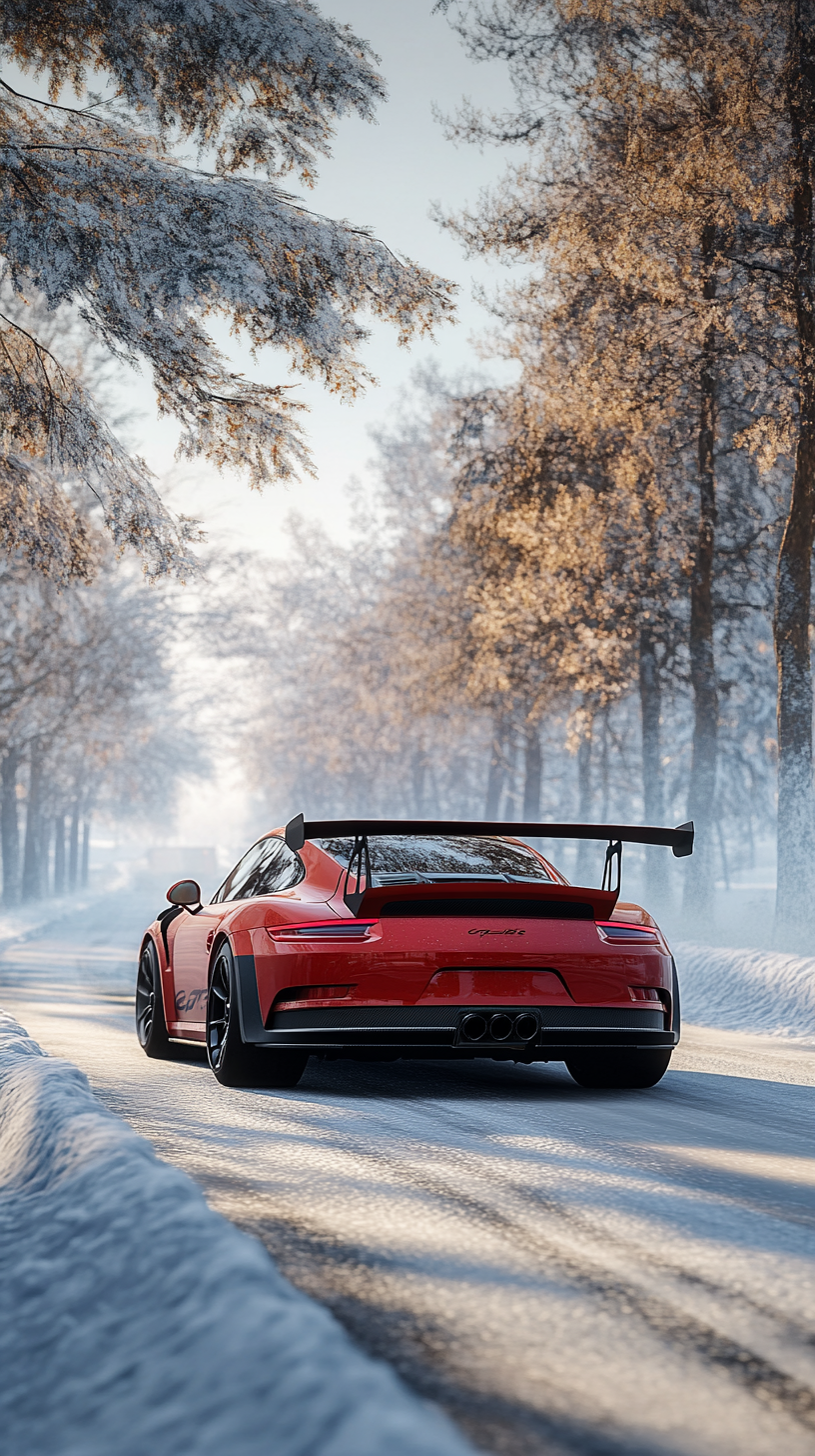 Snowy road drive in tuned Porsche. Bright, hyper-realistic composition.