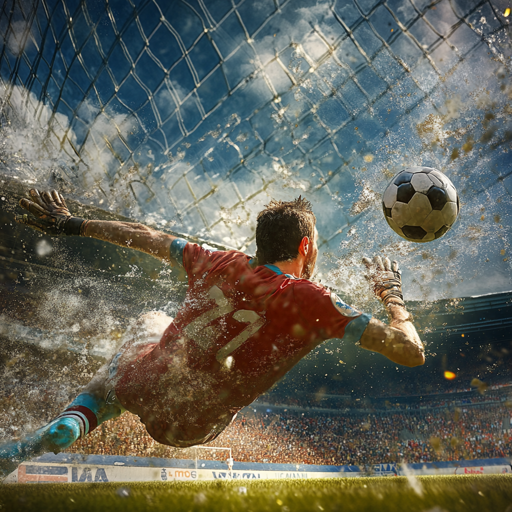 Soccer player shooting at goal with crowd cheering.