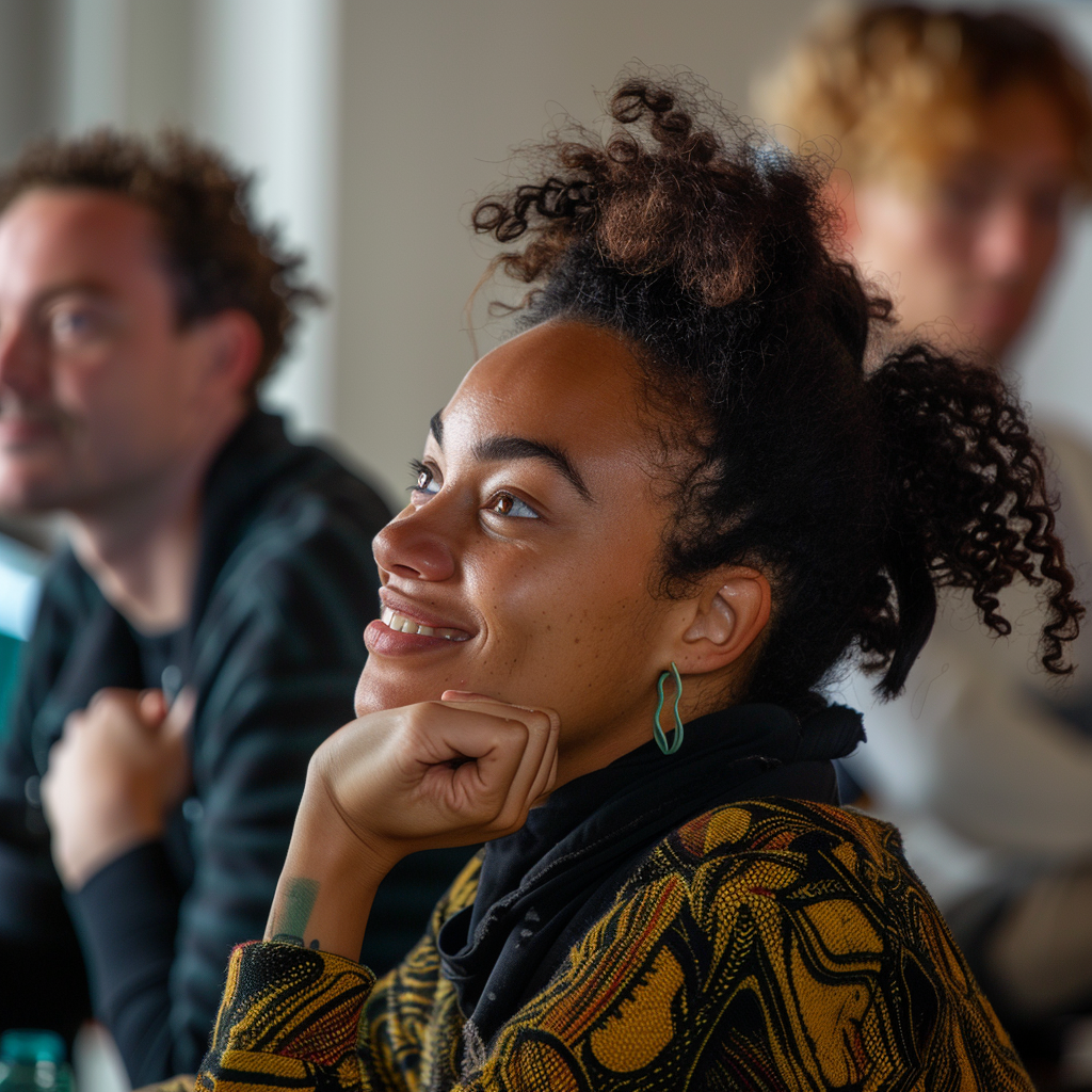 Social workers training with happy and focused faces