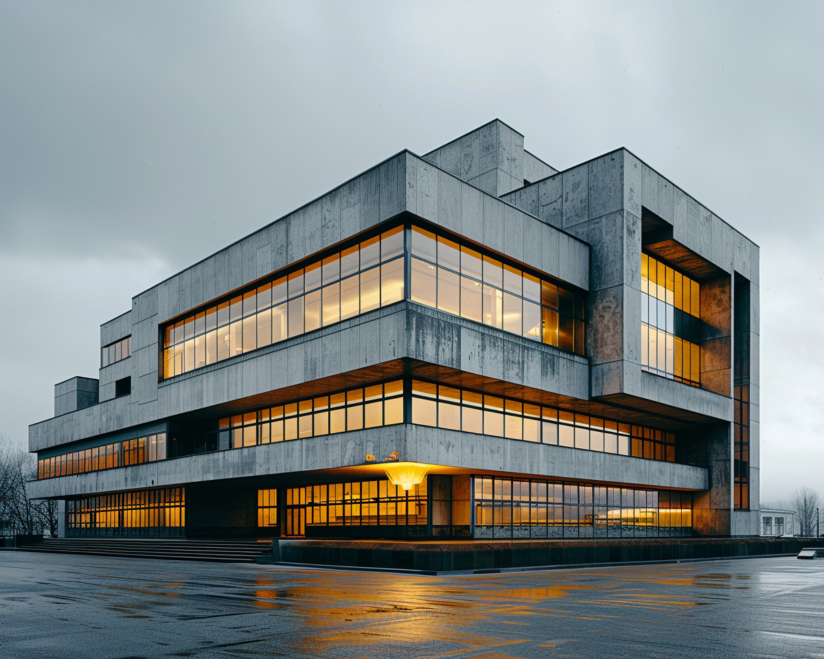 Socialist modernist building with gold windows in European city.