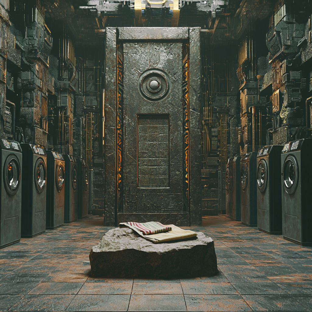 Socks on stone altar surrounded by washing machines.