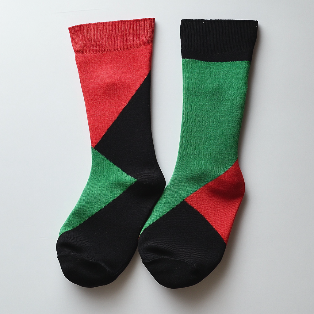 Socks with flag design: red, green, black, triangle.