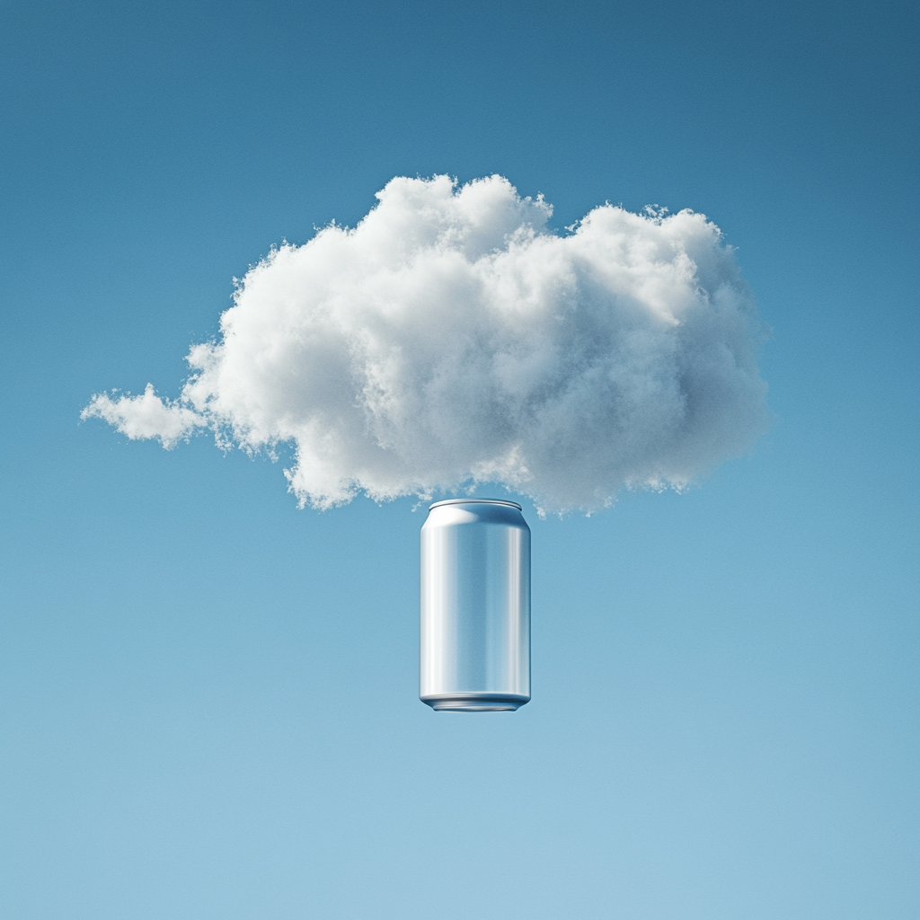 Soda can shaped cloud in clear blue sky.