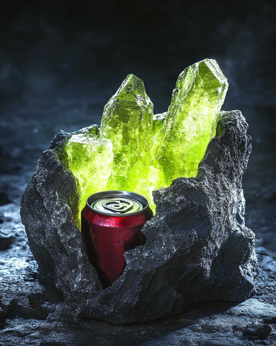 Soda can stuck in glowing green rock