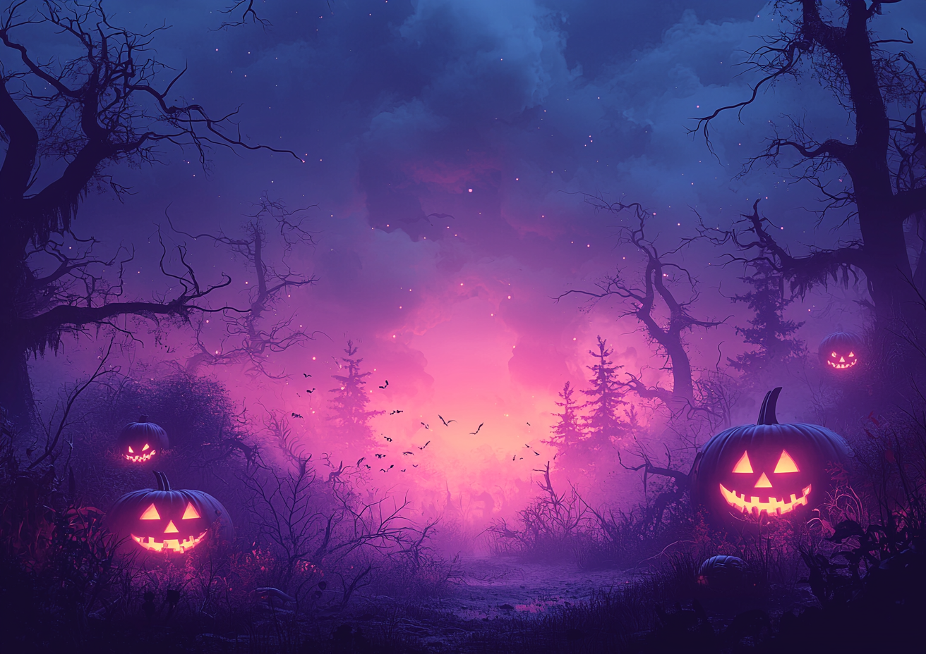 Soft, eerie Halloween scene with gentle colors and shadows.