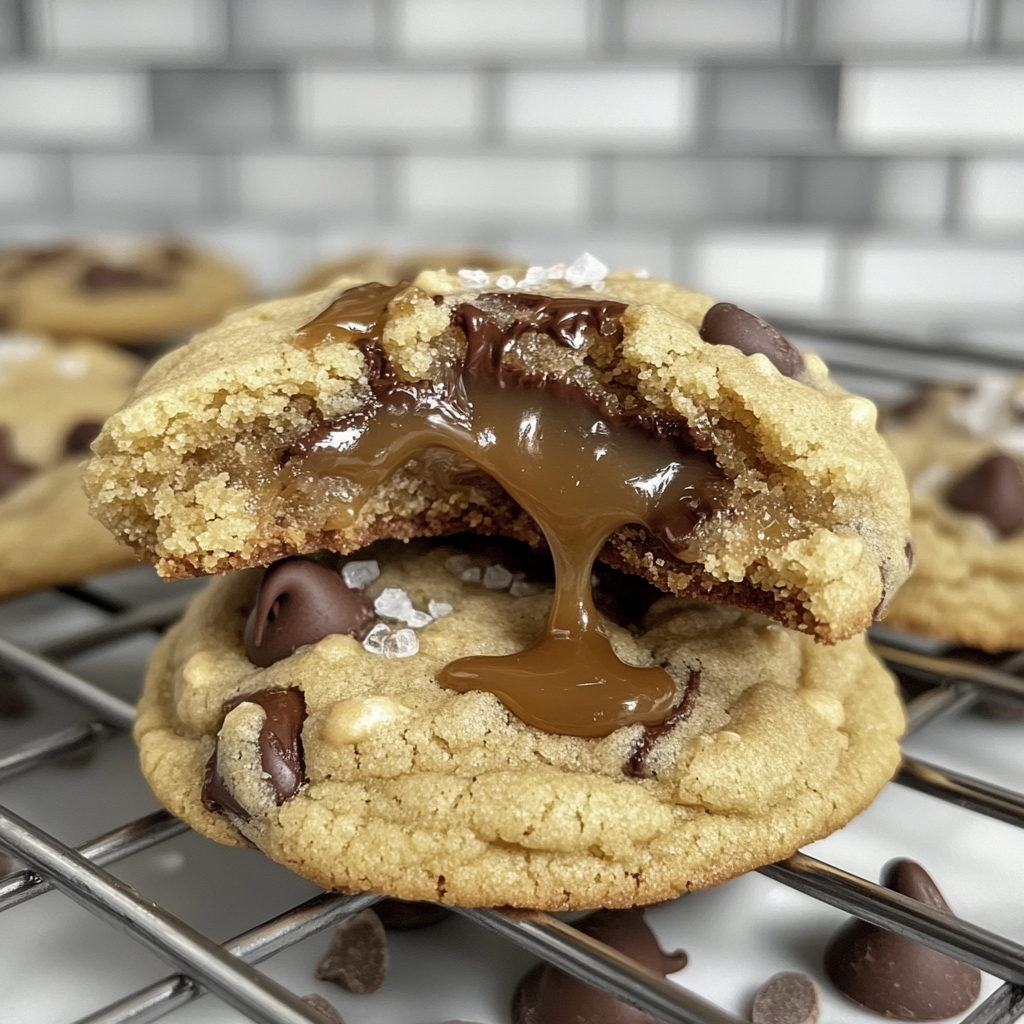 Soft, golden-brown cookies with gooey caramel and chocolate chips.