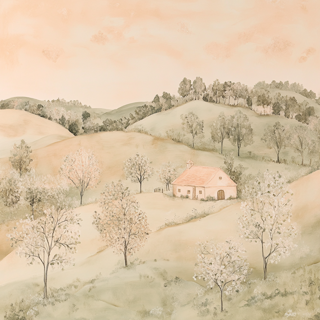 Soft, naive-style painting with peach countryside landscape. Tranquil, minimalist.