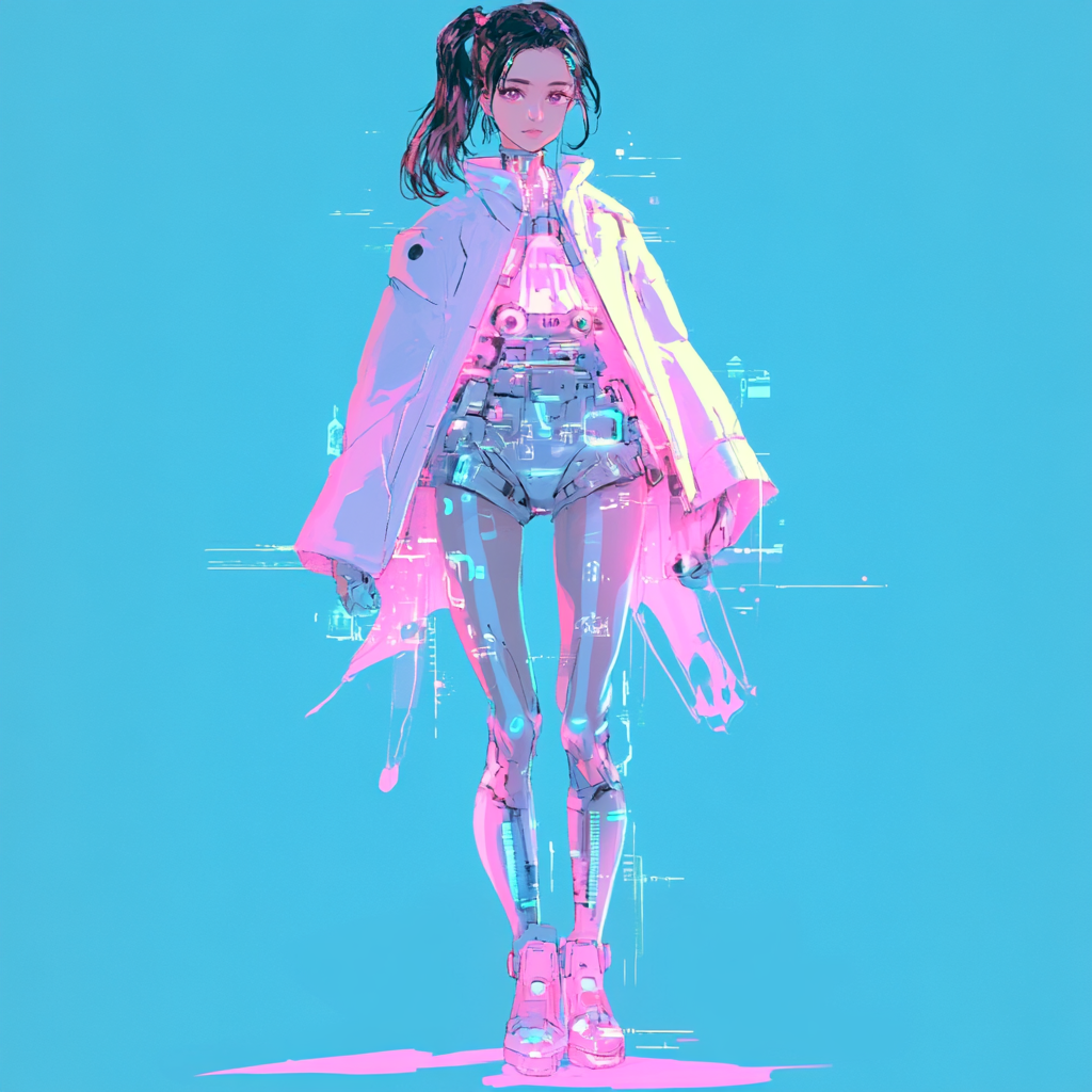 Soft, pastel cyberpunk anime girl in futuristic metaverse.