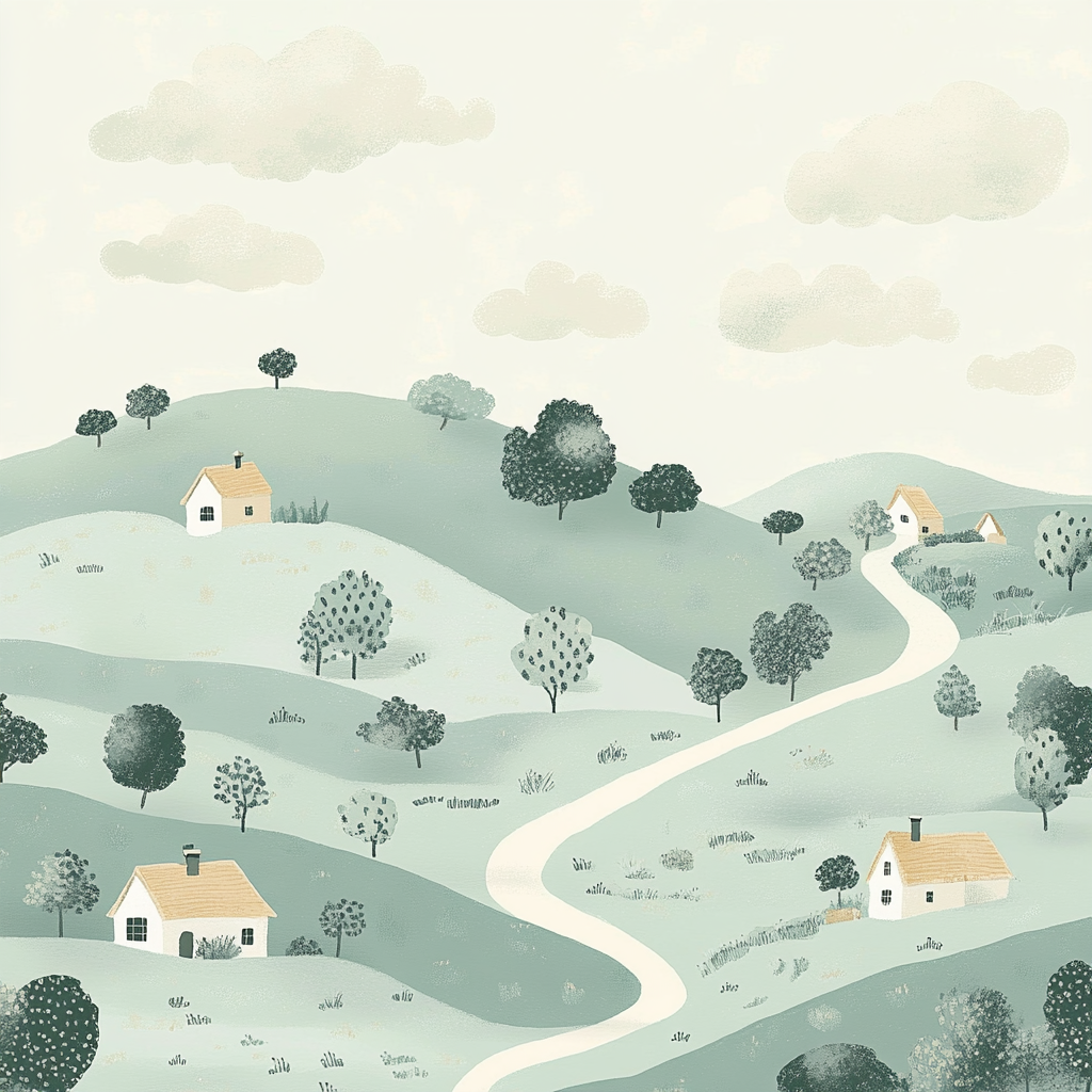 Soft, rolling countryside landscape with quaint houses in pastels.