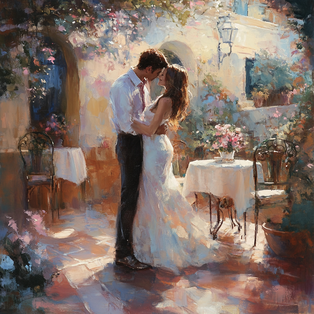 Soft, romantic scene captures tenderness, gradual connection in serene environment.