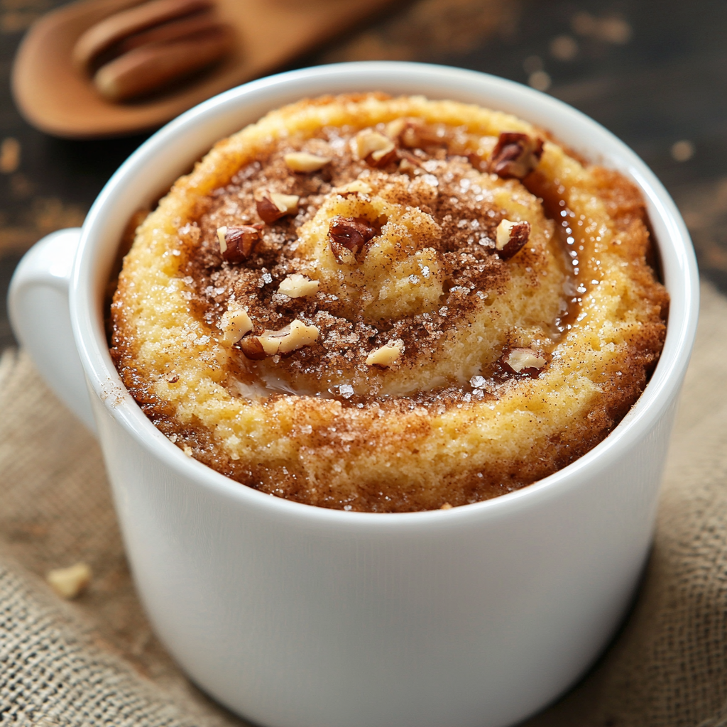 Soft, sweet mug cake with cinnamon swirl and nuts.