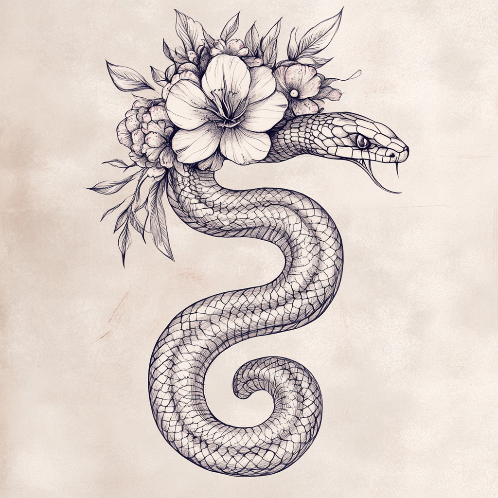 Soft Greg wash design on elongated floral patterned snake.