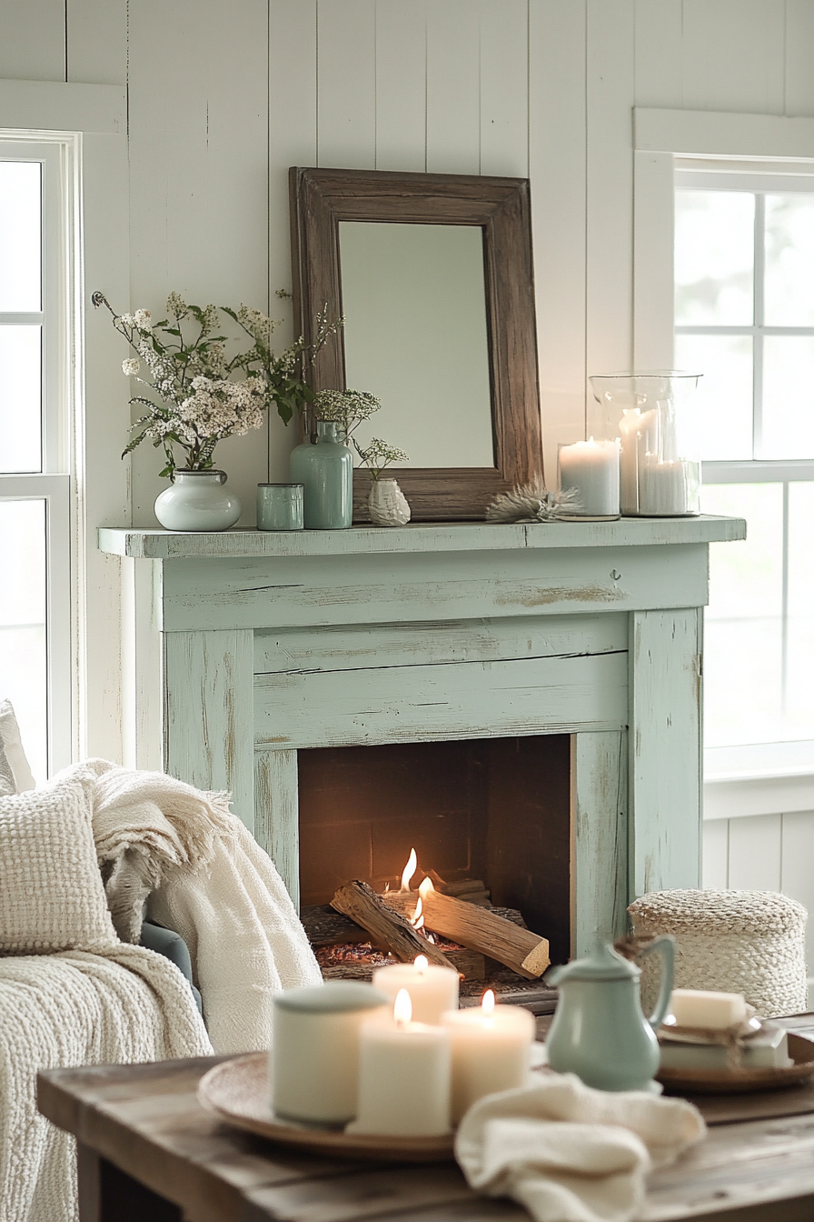 Soft Pastel Corner Fireplace: Light, Airy Tranquility