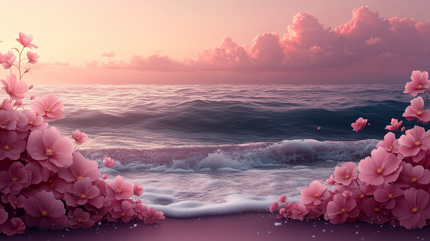 Soft blue sea, purple beach, white roses, bright.