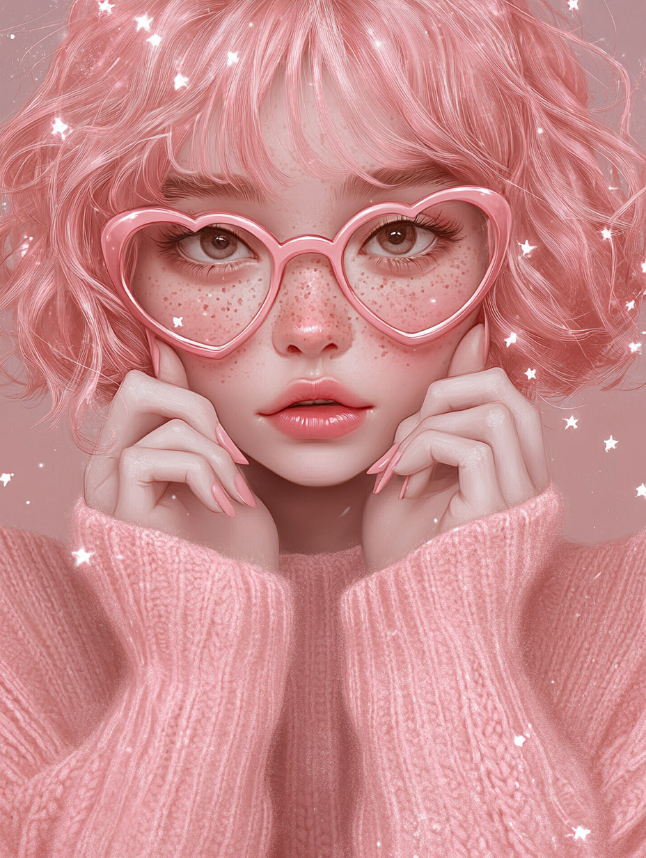 Soft-featured girl with short, curly pink hair and freckles.