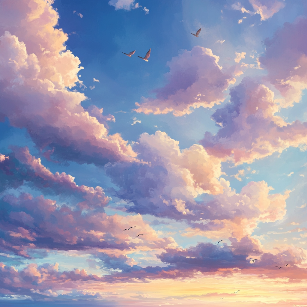 Soft pastel clouds and golden sunlight fill the sky.