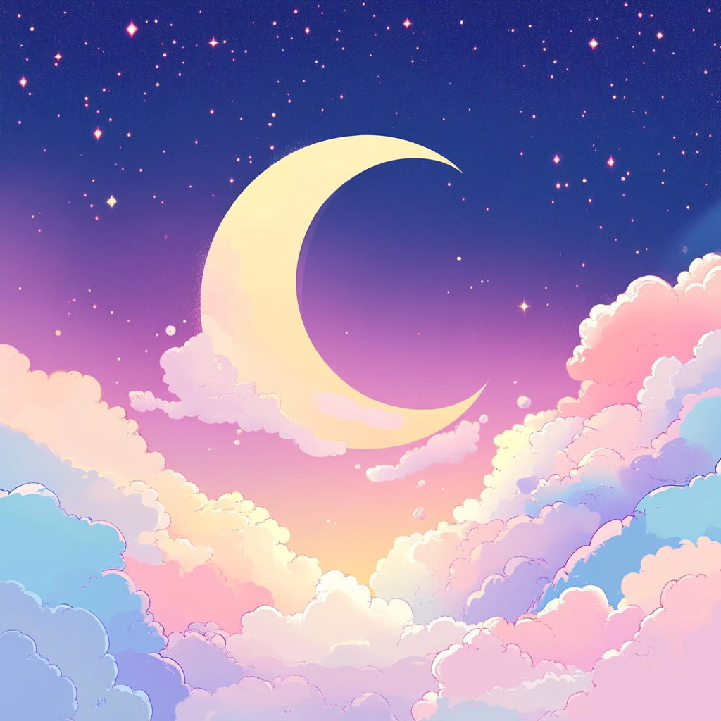 Soft pastel design with pink, purple, yellow gradient, clouds, moon.